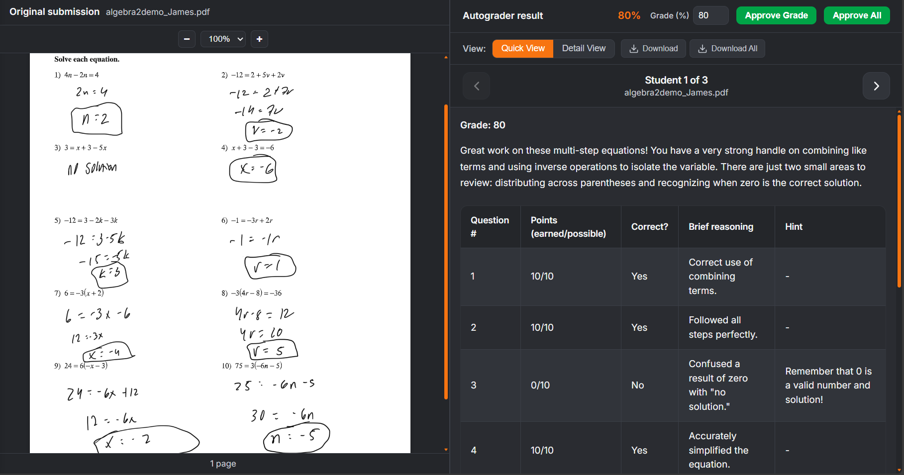 Campanion smart grading — handwritten student work on the left, AI autograder results on the right